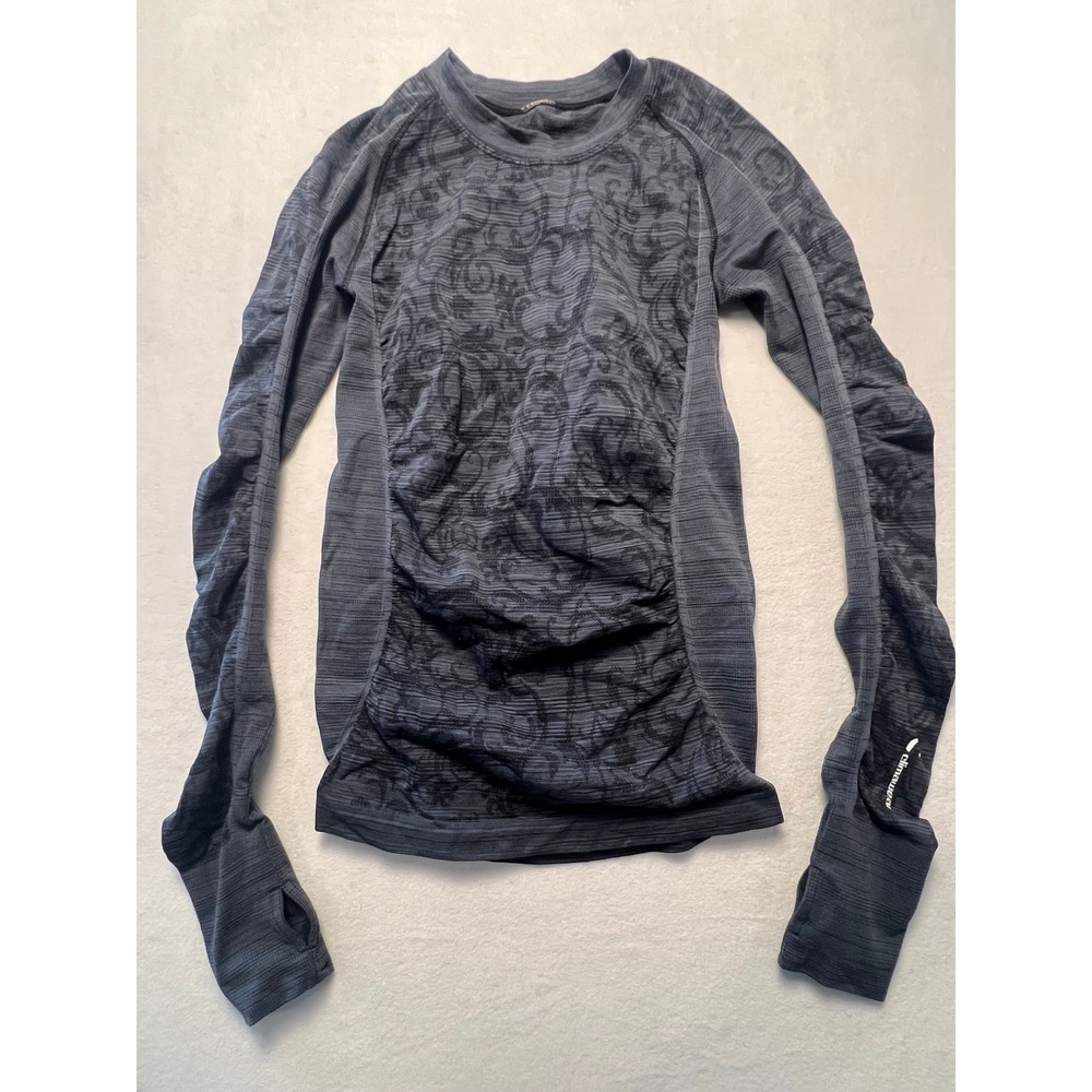 Climawear Small Long Sleeve Top Athletic Damask Ruched Grey Thumbhole Seamless